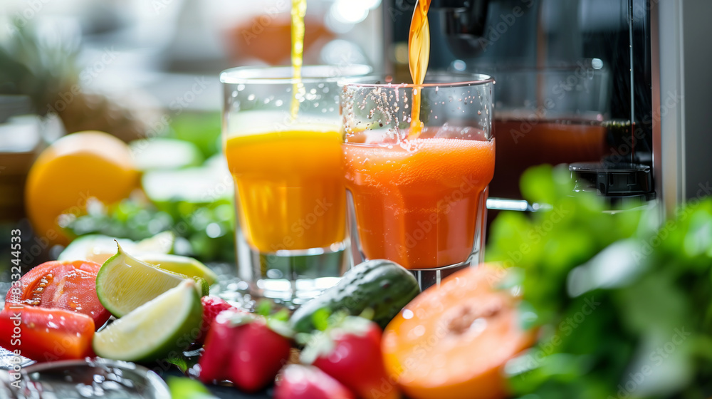 The process of making homemade juice in a juicer. Filling glass glasses with orange juice. In the background lie chopped fruits and vegetables for further juice production. Natural vitamin product The process of making homemade juice in a juicer. Filling glass glasses with orange juice. In the background lie chopped fruits and vegetables for further juice production. Natural vitamin product