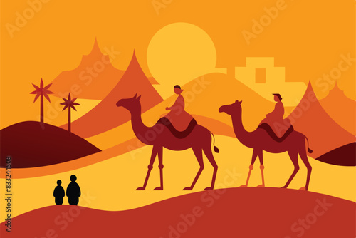 Sahara Desert Travel Tour Camel Arabian Culture vector Illustration