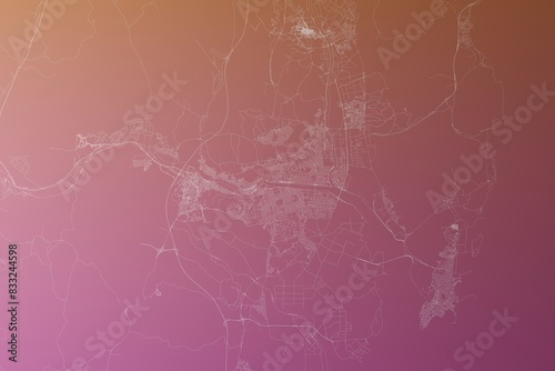 Map of the streets of Ulsan (South Korea) made with white lines on pinkish red gradient background. Top view. 3d render, illustration