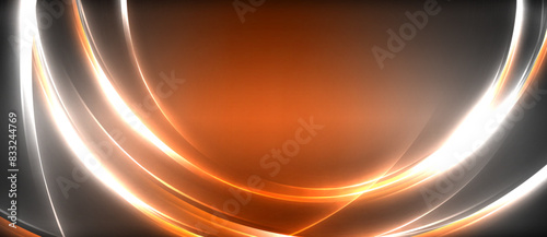 Neon glowing circle rays, light round lines in the dark, planet style neon wave lines. Energetic electric concept design for wallpaper, banner, background