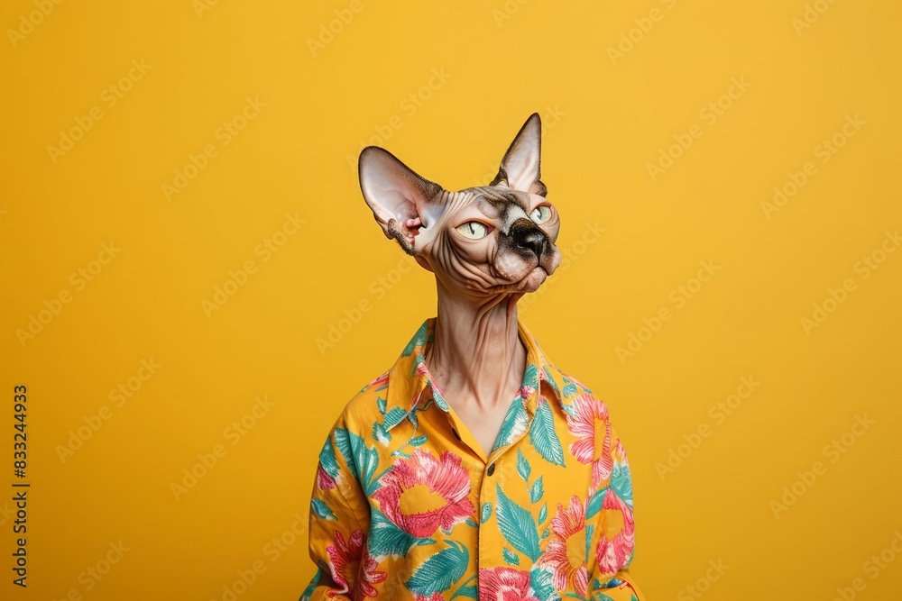 A Sphynx cat, dressed in a funky, colorful shirt, poses confidently against a solid yellow background, creating a fun vibe with copy space
