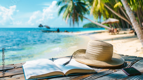 Tropical summer trip. Hat, sunglasses and map at a beach destination. Tourism, vacation, travel, relaxation.