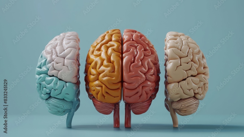Four colorful human brain models lined up against a pastel blue background, highlighting diversity and creativity in cognitive science. Four colorful human brain models lined up against a pastel blue background, highlighting diversity and creativity in cognitive science.