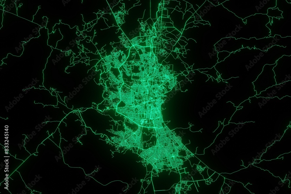 Map of the streets of Sanaa (Yemen) made with green illumination and glow effect. Top view on roads network. 3d render, illustration Map of the streets of Sanaa (Yemen) made with green illumination and glow effect. Top view on roads network. 3d render, illustration