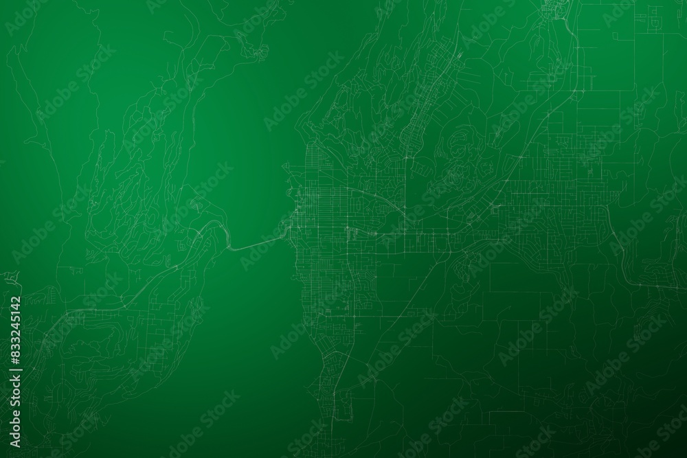 Map of the streets of Kelowna (Canada) made with white lines on abstract green background lit by two lights. Top view. 3d render, illustration Map of the streets of Kelowna (Canada) made with white lines on abstract green background lit by two lights. Top view. 3d render, illustration