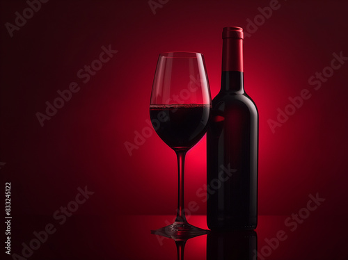 Glass with red wine and bottle on a black-red background