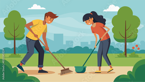 Two teens carefully edging the sidewalks and pathways giving the church grounds a neat and tidy appearance.. Vector illustration