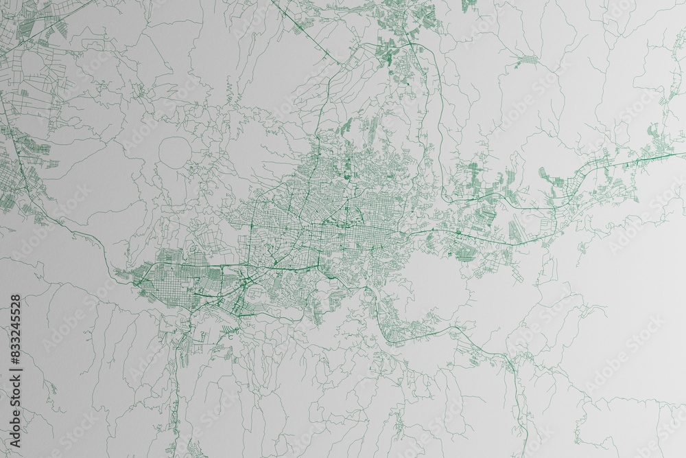 Map of the streets of San Salvador (El Salvador) made with green lines on white paper. 3d render, illustration