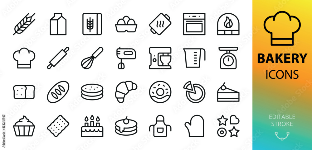 © Altop Media - Bakery isolated icons set. Set of bread, loaf, lavash, pie, cake, donut, croissant, cheesecake, pancakes, cupcake, oven, stove, mixer, baking tools, bakery ingredients, pita bread vector icon