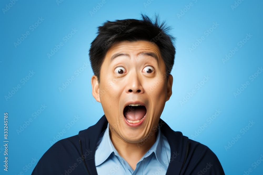 Middle-aged man, aged 45-50, of East Asian descent, showing astonishment on a soft blue background