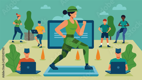 A virtual boot campstyle training session with users completing HIIT exercises while being led by a drill sergeant avatar through a changing. Vector illustration