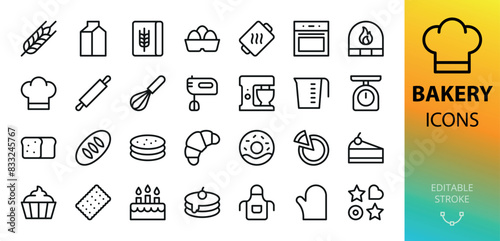 Bakery isolated icons set. Set of bread, loaf, lavash, pie, cake, donut, croissant, cheesecake, pancakes, cupcake, oven, stove, mixer, baking tools, bakery ingredients, pita bread vector icon