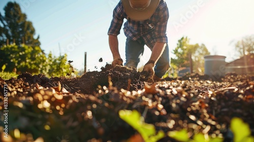 A diligent farmer preparing organic compost in a well-maintained garden under a clear sky