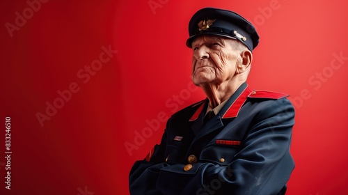 A proud veteran in uniform, standing against a solid red background © LaxmiOwl