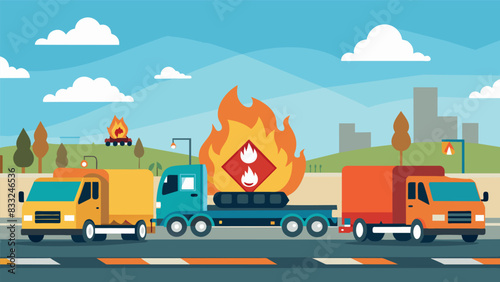 The imposing presence of the heavyduty trucks loaded with flammable fuel instills a sense of caution a other drivers on the busy highway.. Vector illustration