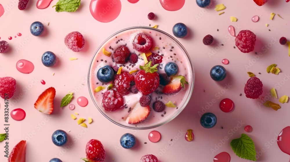 Top view of a glass filled with a smoothie and topped with berries and fruits Top view of a glass filled with a smoothie and topped with berries and fruits