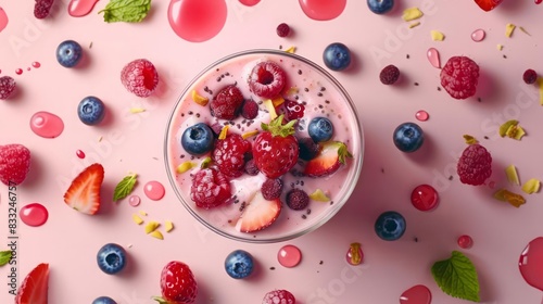 Top view of a glass filled with a smoothie and topped with berries and fruits