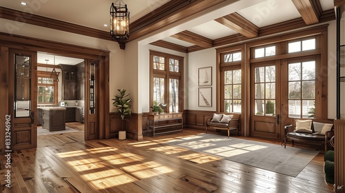 Craftsman entryway with a mix of traditional woodwork and modern accents