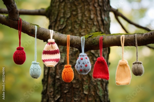 A knitted ornaments for a festive display with a hand hanging one on a tree