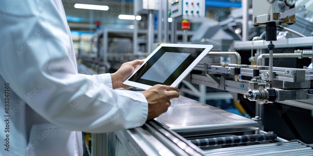 Engineer with tablet monitoring industrial machinery Engineer with tablet monitoring industrial machinery
