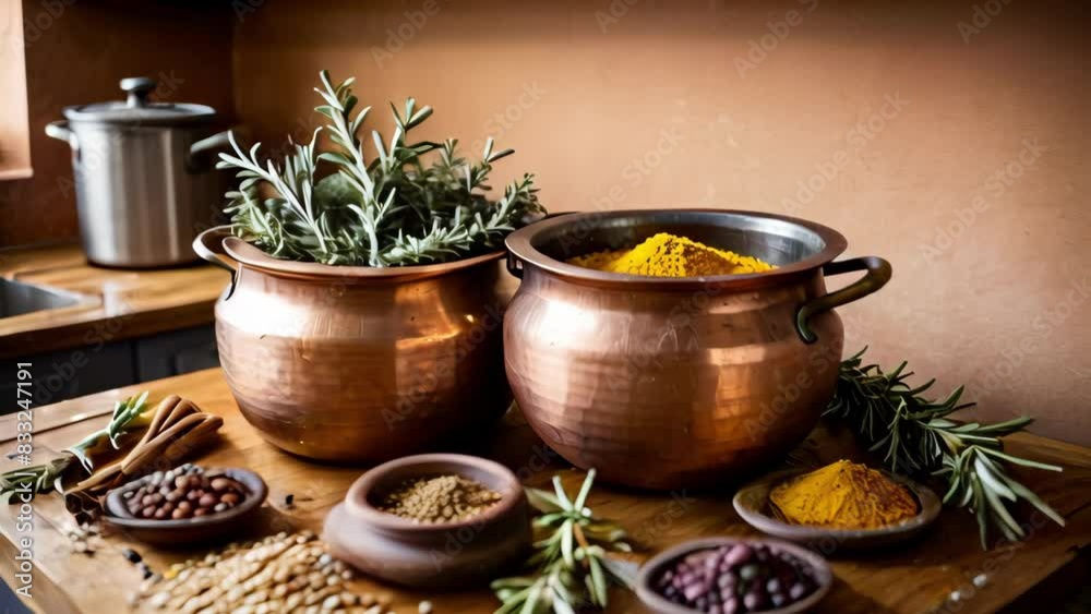 Rosemary And Spices In Copper Pots On Wooden Kitchen Counter During Daytime Rosemary And Spices In Copper Pots On Wooden Kitchen Counter During Daytime