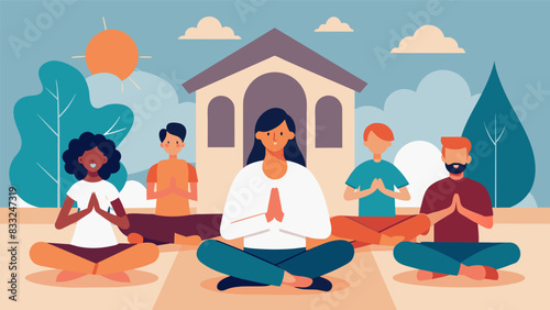 With each breath a group of individuals let go of their worries and find inner peace within the quiet walls of a small sacred chapel.. Vector illustration