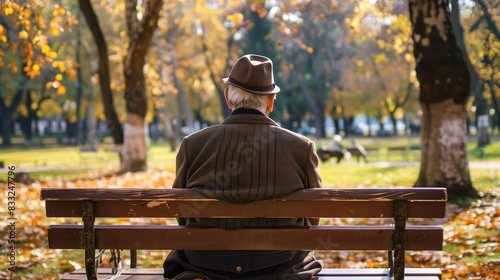 An elderly veteran sitting on a bench in a serene park, reflecting on memories of comrades lost