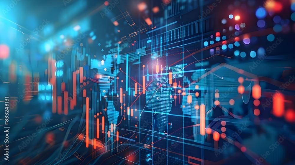 Obraz premium Insight into world global stock market expansion, business investments, data analytics, digital charts, graphs, and indicators on a blurred dark blue background. Bank finance economy return