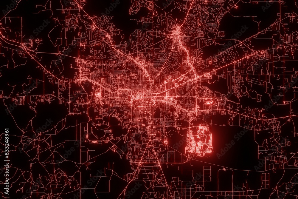 Street map of Tallahassee (Florida, USA) made with red illumination and glow effect. Top view on roads network. 3d render, illustration