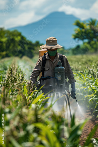 Farmer Spraying Pesticides on Crops. photo