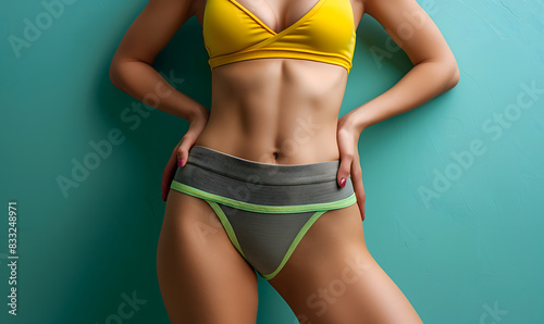 Photo of a woman's torso, Healthy woman's belly or slim model,white skin, stomach, wearing a bra, showing weight loss, good health. With weight loss or nutrition kit on studio background,Generative AI