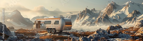 A futuristic camper van sits amidst serene mountain scenery