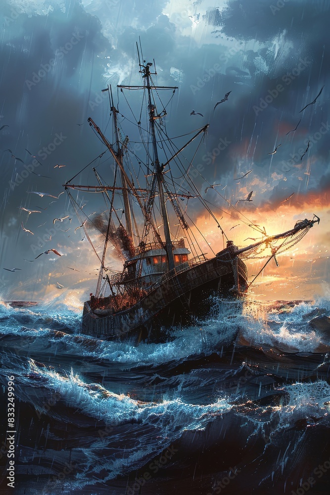 Obraz premium A fishing boat braves tumultuous seas