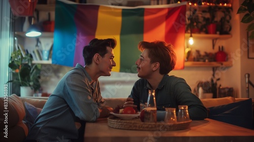 Love s Embrace  Documenting the Tender Moments and Genuine Affection of a Male Homosexual Couple s Romantic Evening Together in Their Comfortable Dwelling