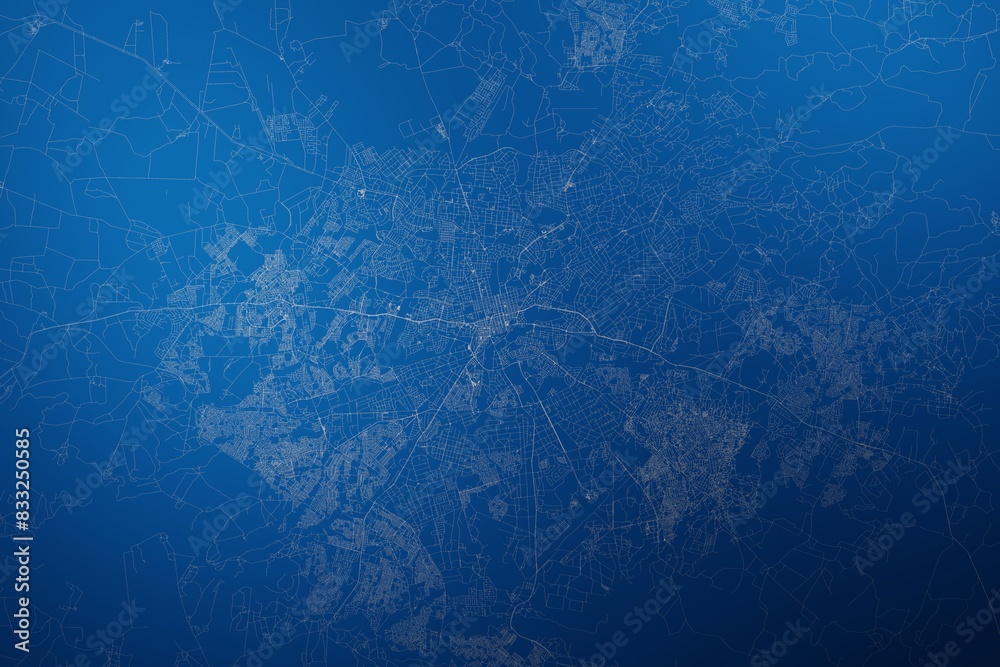 Stylized map of the streets of Harare (Zimbabwe) made with white lines on abstract blue background lit by two lights. Top view. 3d render, illustration Stylized map of the streets of Harare (Zimbabwe) made with white lines on abstract blue background lit by two lights. Top view. 3d render, illustration