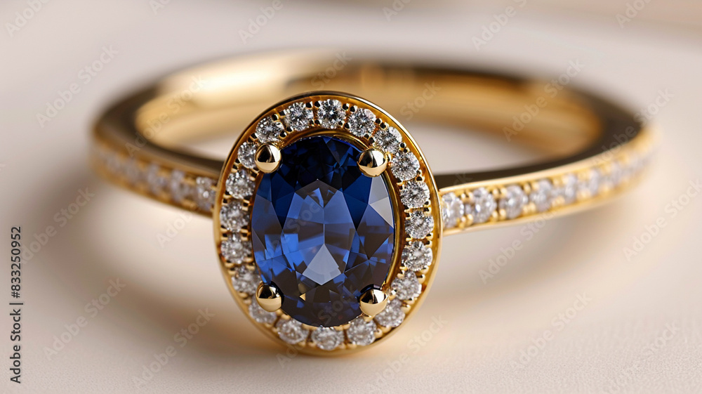 A closeup of a diamond studded gold ring with a large oval sapphire gemstone isolated over a white background. A closeup of a diamond studded gold ring with a large oval sapphire gemstone isolated over a white background.