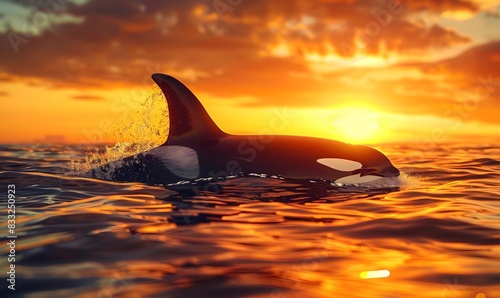 An orca swimming under the majestic sunset view, Generative AI © simba kim