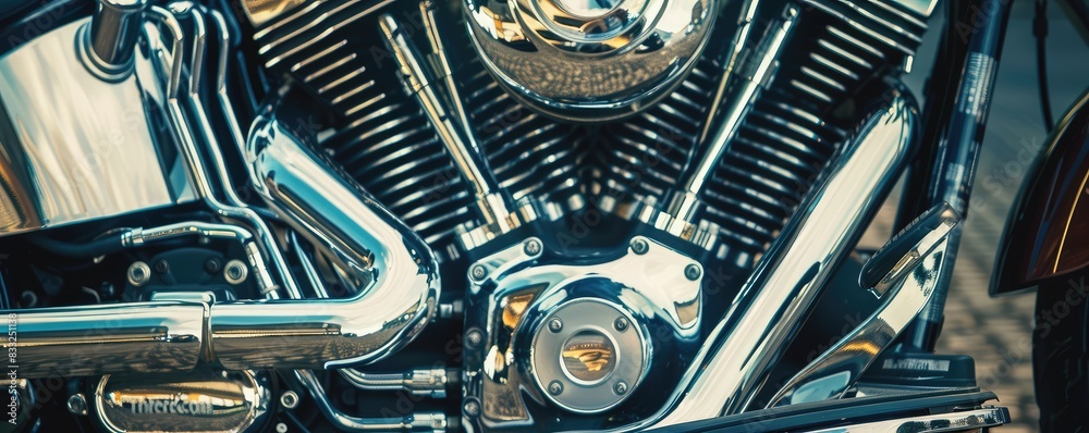 A highly detailed close-up of a chrome motorcycle engine showcasing mechanical complexity. A highly detailed close-up of a chrome motorcycle engine showcasing mechanical complexity.