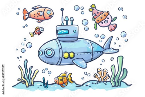 Cartoon cute doodles of a submarine with x-ray sensors, detecting underwater obstacles and marine life, Generative AI photo