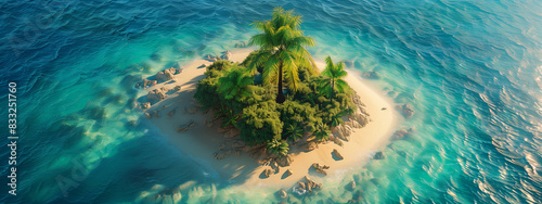 Small tropical island with lush palm trees and crystal-clear water, serene paradise.
