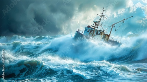 A fishing boat braves tumultuous seas