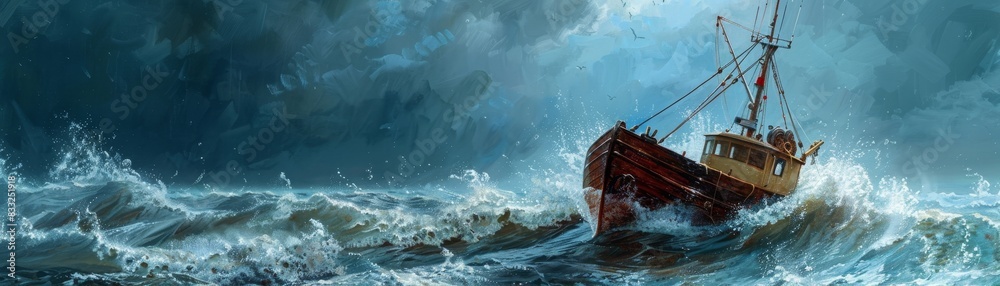 Obraz premium A fishing boat braves tumultuous seas