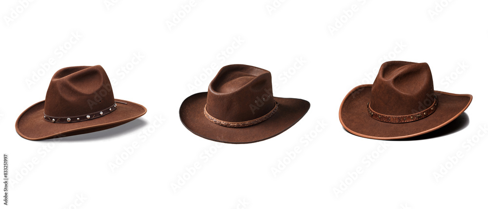 Fototapeta premium Set of brown Cowboy Hat with Leather Band isolated on transparent background.