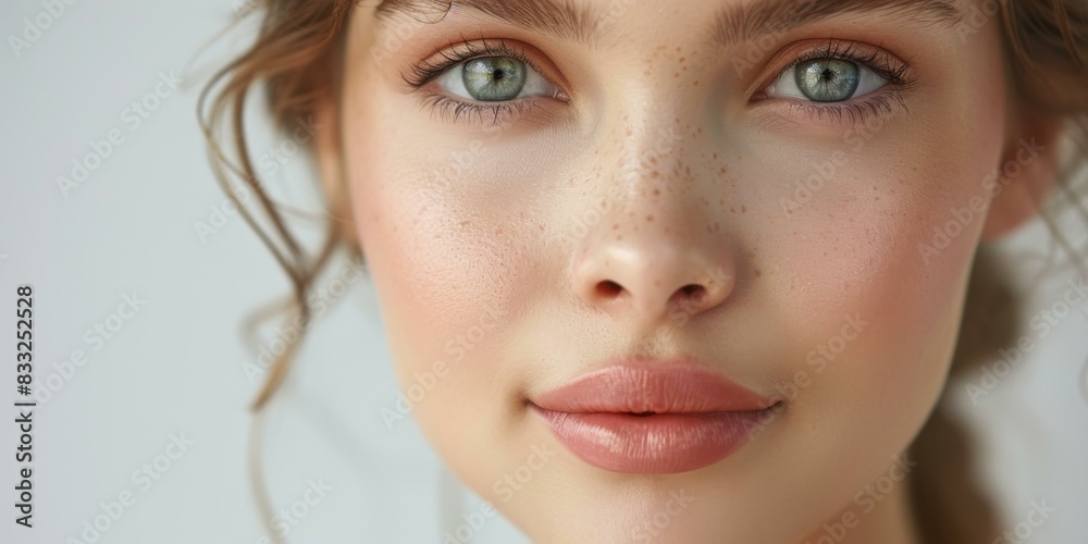Close-up portrait of a young woman with freckles and green eyes. AI. Close-up portrait of a young woman with freckles and green eyes. AI.