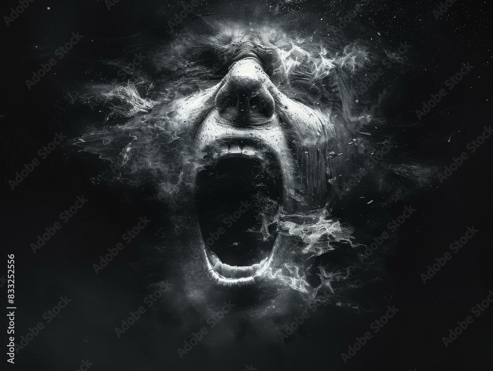 Fotografie A grayscale image of a screaming man's face with particles exploding from his head