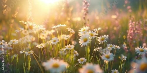 A field of daisies bathed in sunlight. AI. photo