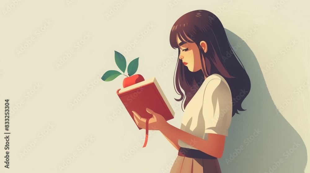 A young woman standing while reading a book with a plant growing from it, symbolizing knowledge and growth. A young woman standing while reading a book with a plant growing from it, symbolizing knowledge and growth.