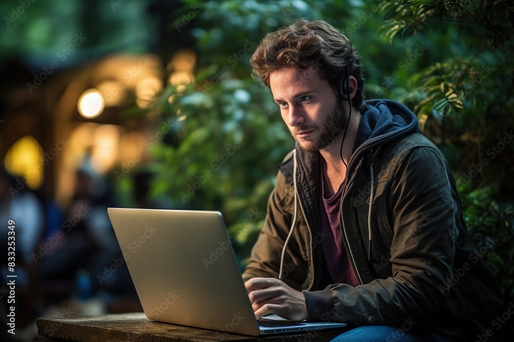 A man is sitting at a table with a laptop in front of him A man is sitting at a table with a laptop in front of him