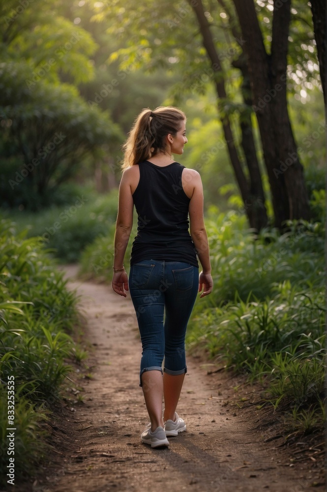 A woman walking on a dirt path in the woods. AI. A woman walking on a dirt path in the woods. AI.