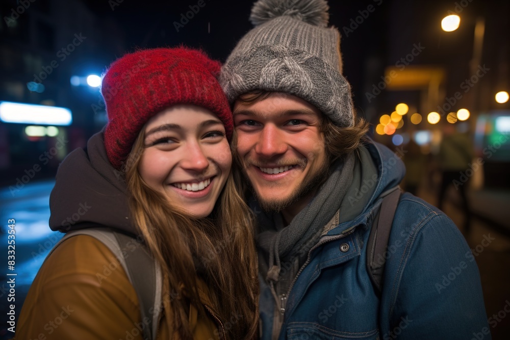 A couple is smiling and posing for a picture in the dark A couple is smiling and posing for a picture in the dark